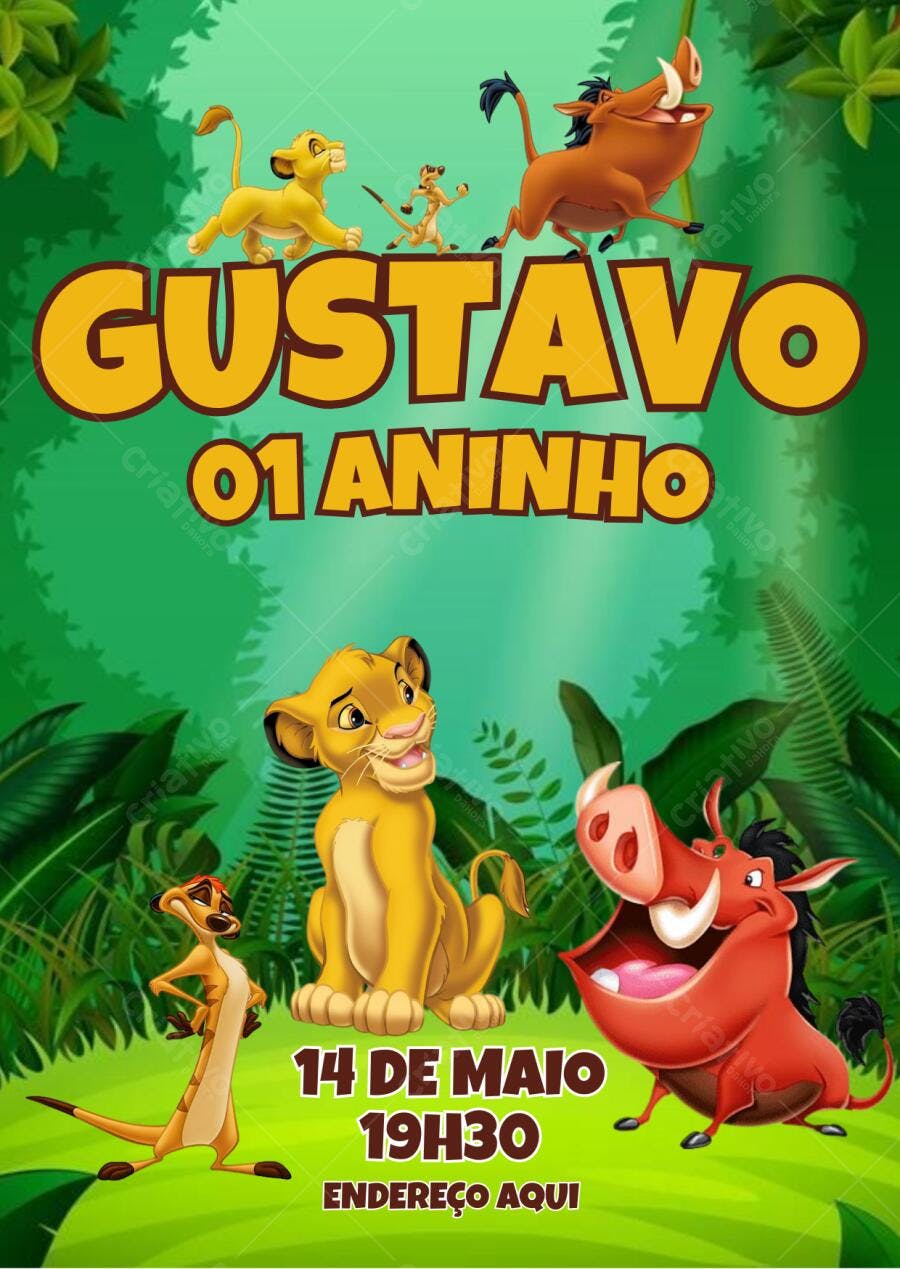 Convite de Aniversário Infantil O Rei Leão Editável no Canva