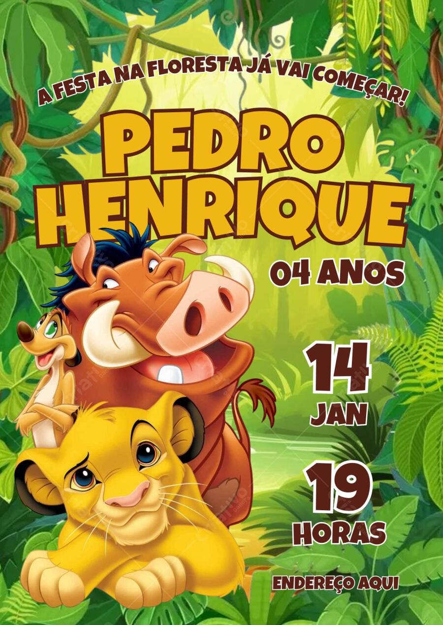 Convite de Aniversário Infantil Rei Leão e Timão e Pumba Editável no Canva