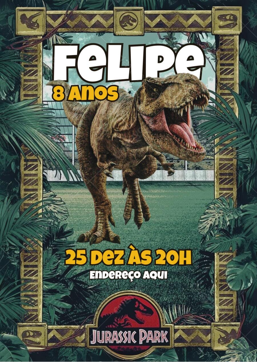 Convite de Aniversário Jurassic Park Dinossauro Editável no Canva