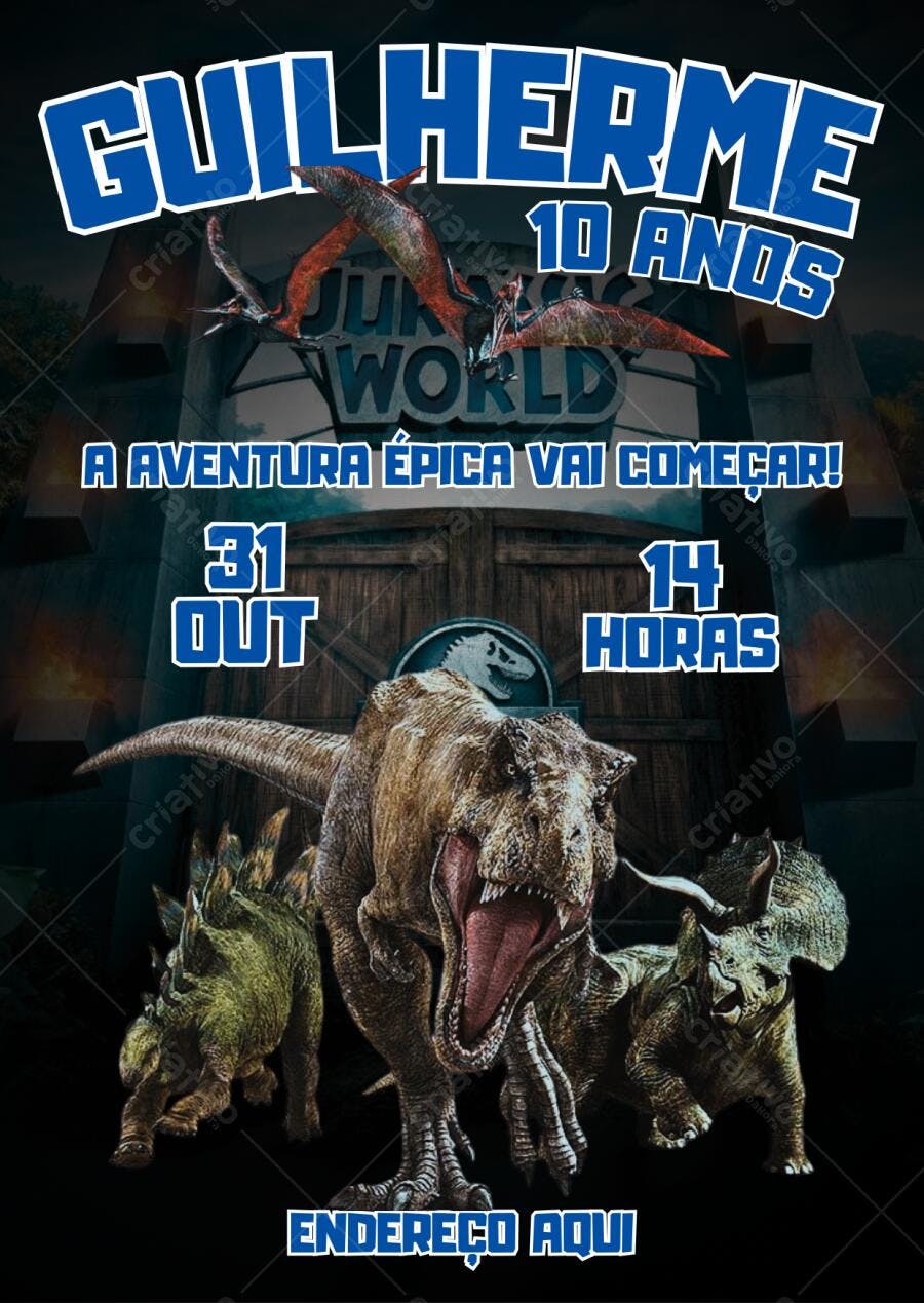 Convite de Aniversário Jurassic World Dinossauros Editável no Canva