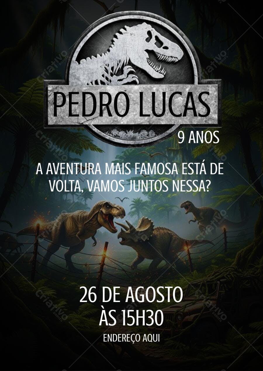 Convite de Aniversário Infantil Jurassic Park Dinossauros Editável no Canva