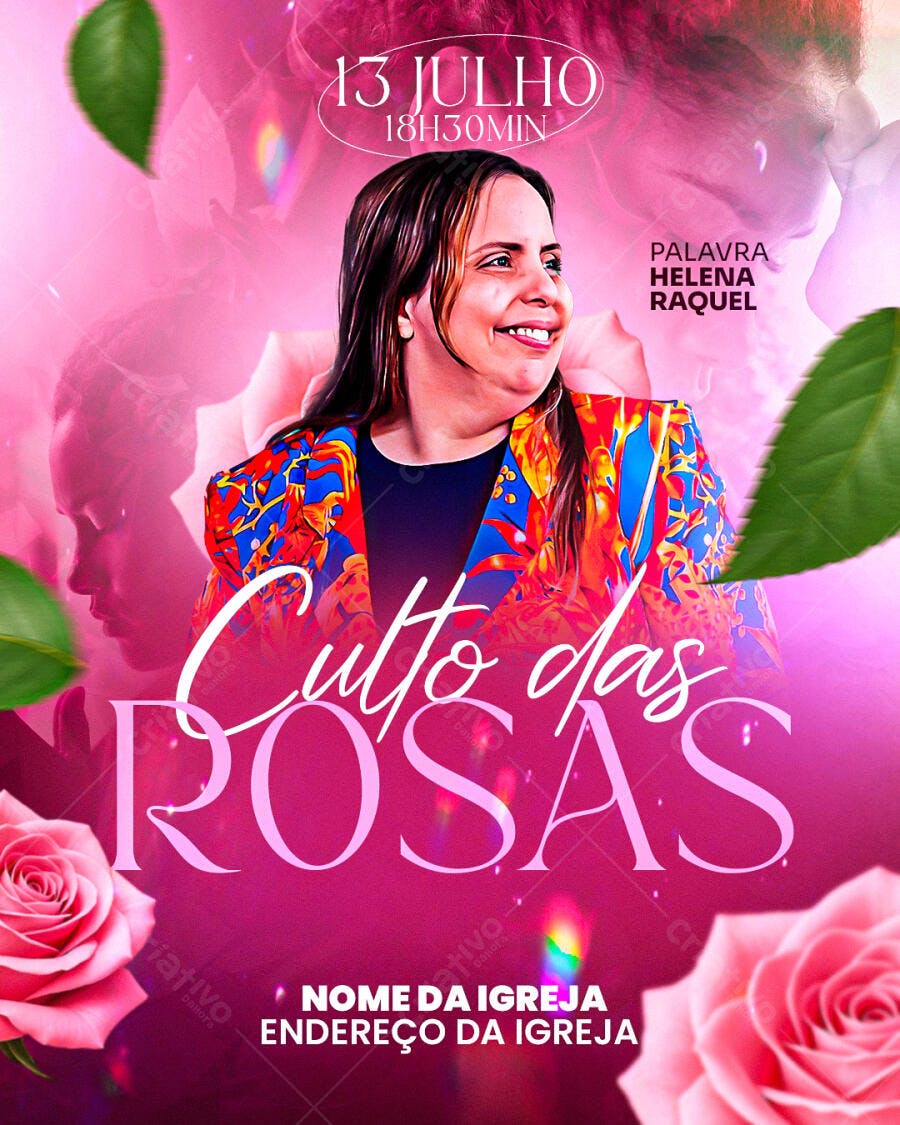 Flyer para Culto das Rosas PSD Editável