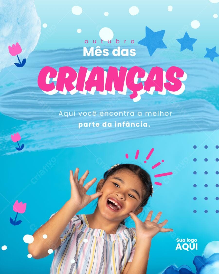 Post Instagram Dia das Crianças azul e rosa Editável no Canva
