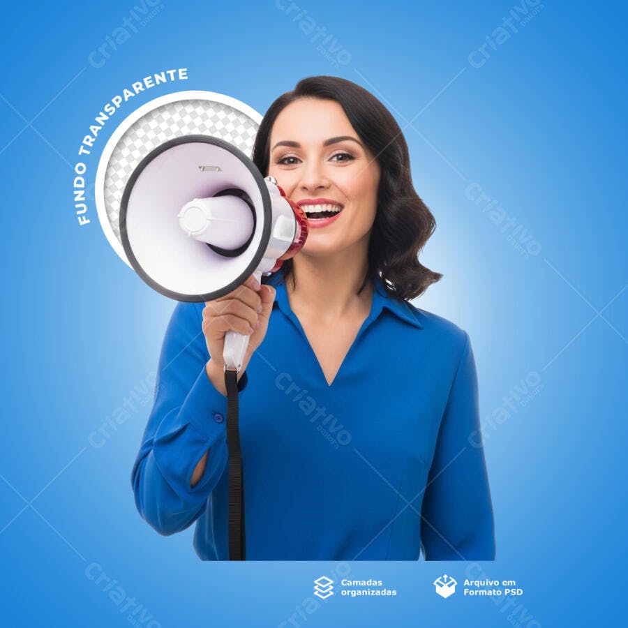 Anúncio com Mulher e Megafone PSD Editável