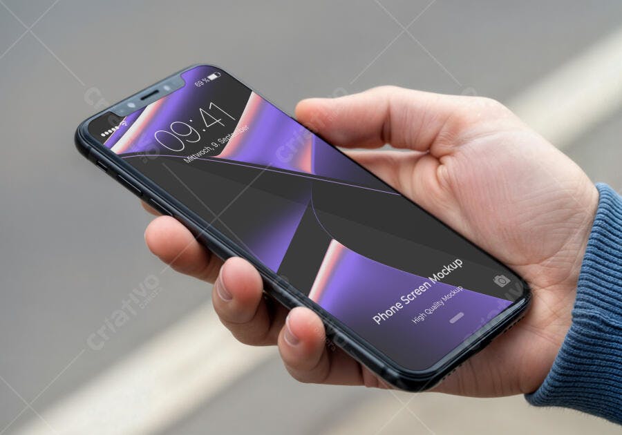 Mockup de Tela de Celular: Design Moderno em Tons Roxo e Cinza