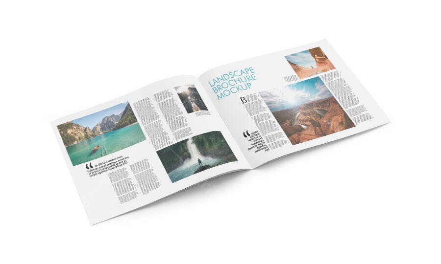 Mockup de Brochura Paisagem com Fotos de Aventura