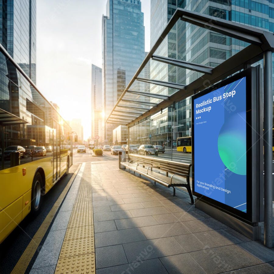 Mockup Realista de Parada de Ônibus em Ambiente Urbano