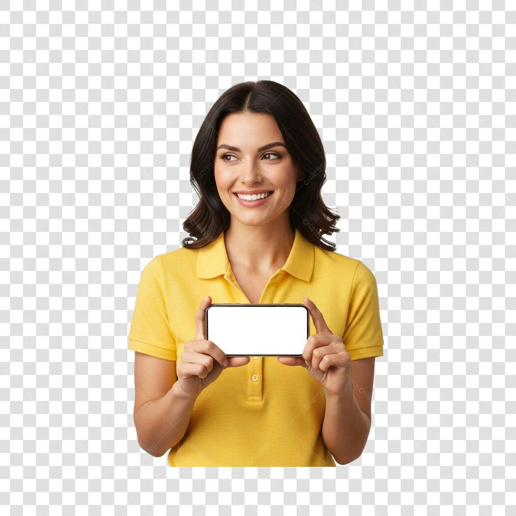 Mockup Mulher Apresentando Celular PNG com fundo transparente