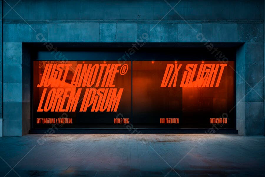 Mockup Vitrine Noturna com Letreiro Laranja