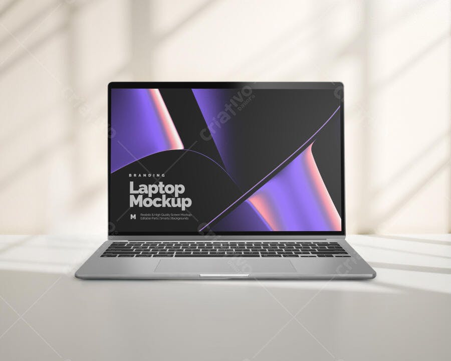 Mockup Notebook Moderno: Tela Roxa e Cinza em Mesa Branca
