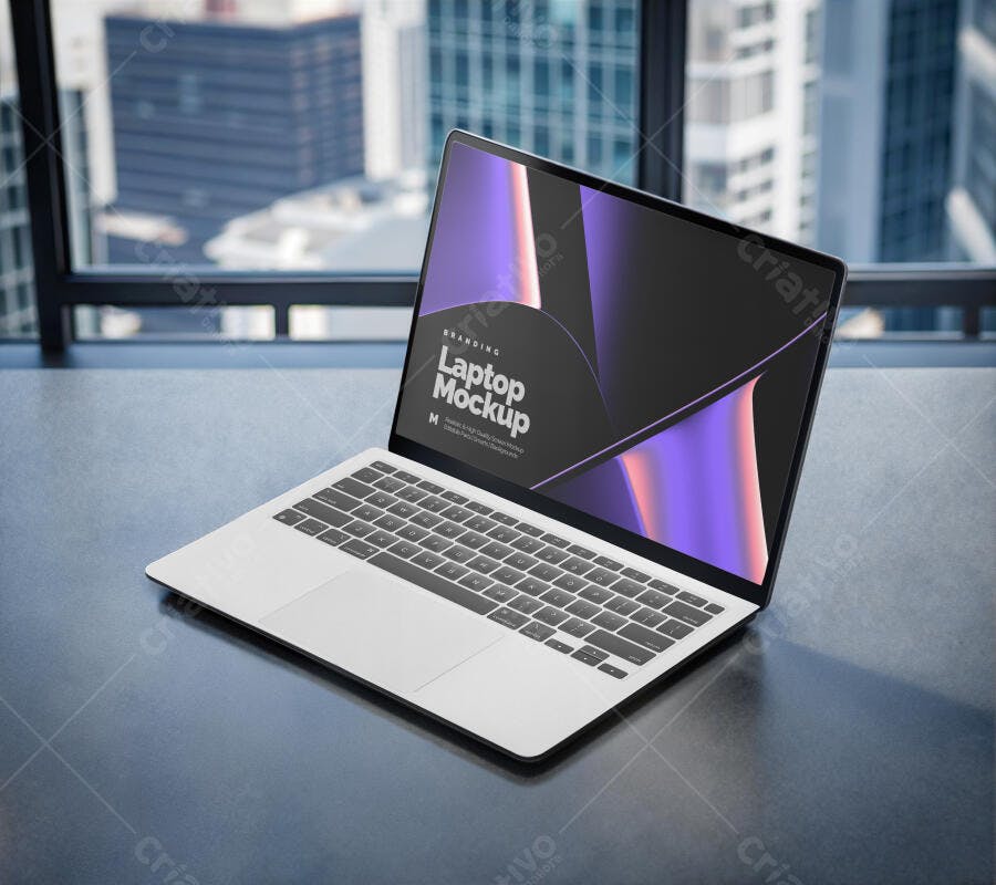 Mockup Notebook Moderno com Tela Violeta e Rosa