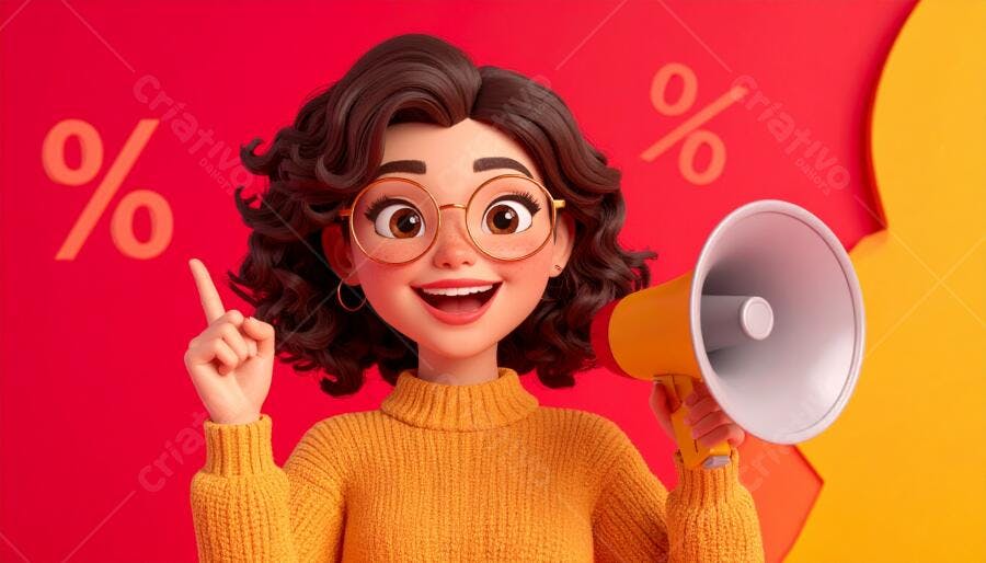 Garota animada anunciando promoção com megafone