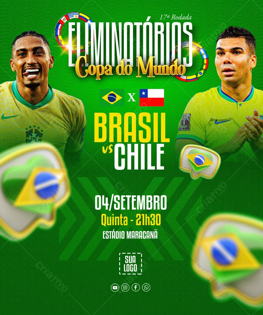 Flyer Brasil x Chile Eliminatórias Copa do Mundo PSD Editável