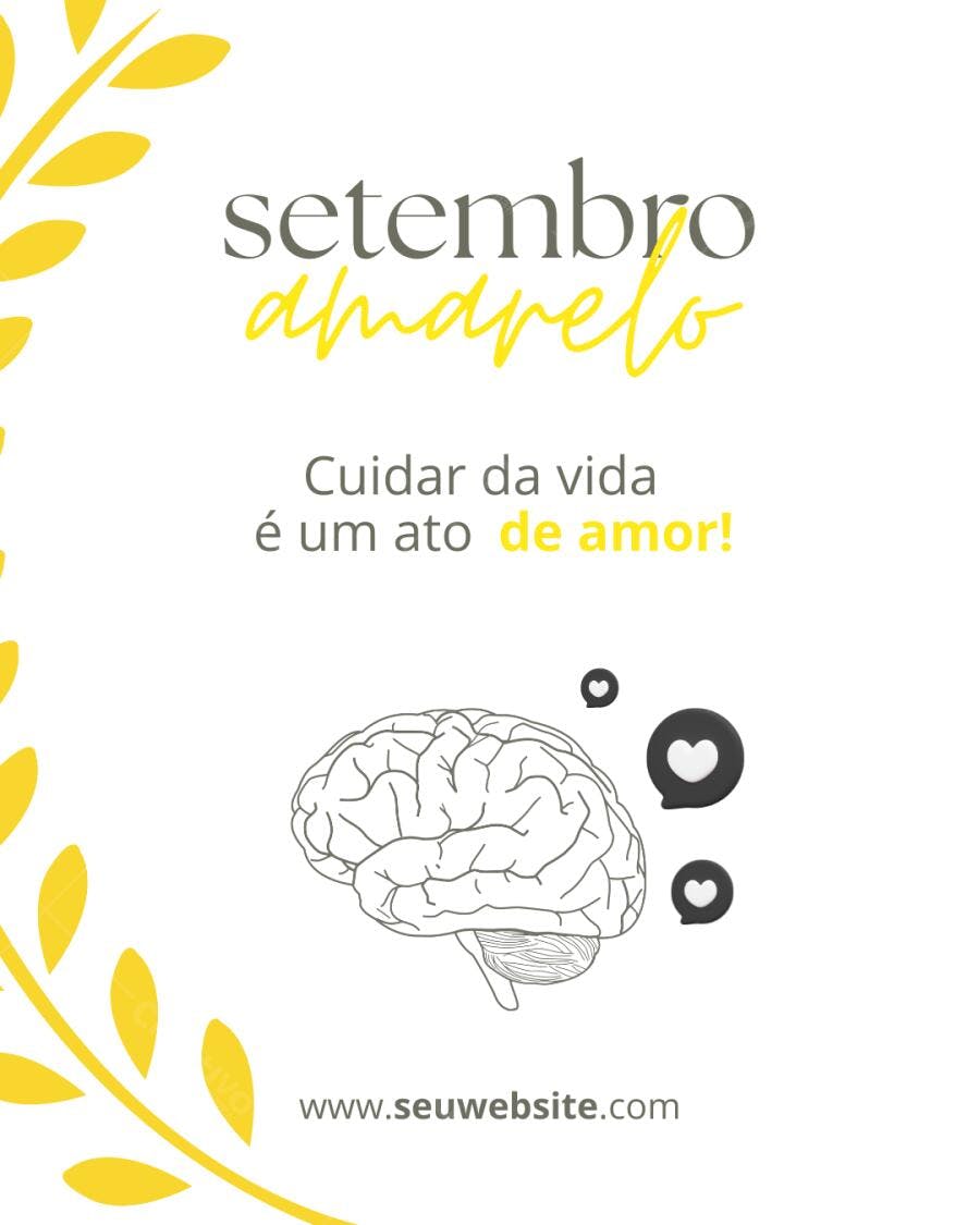 Post Instagram Setembro Amarelo com ilustração de cérebro Editável no Canva