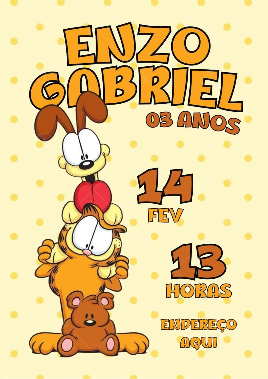 Convite de Aniversário Infantil Garfield e Odie Amarelo e Laranja Editável no Canva