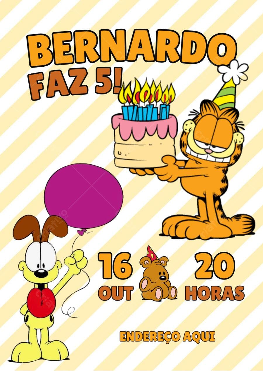 Convite de Aniversário Infantil Garfield e Odie Editável no Canva