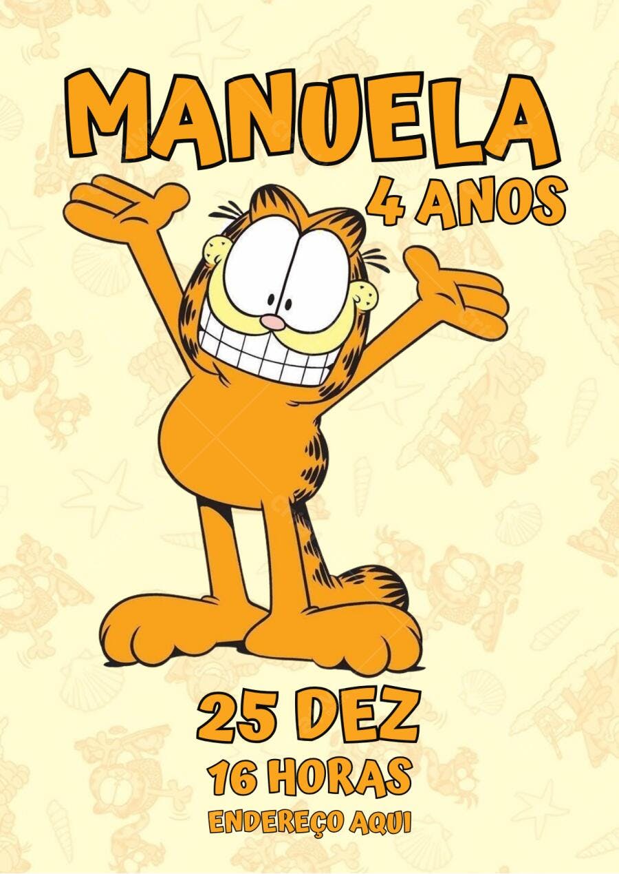 Convite de Aniversário Infantil Garfield 4 anos Editável no Canva