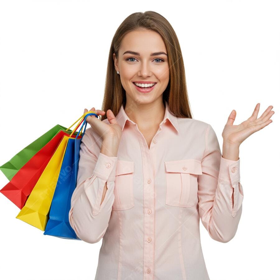 Mulher feliz com sacolas de compras coloridas