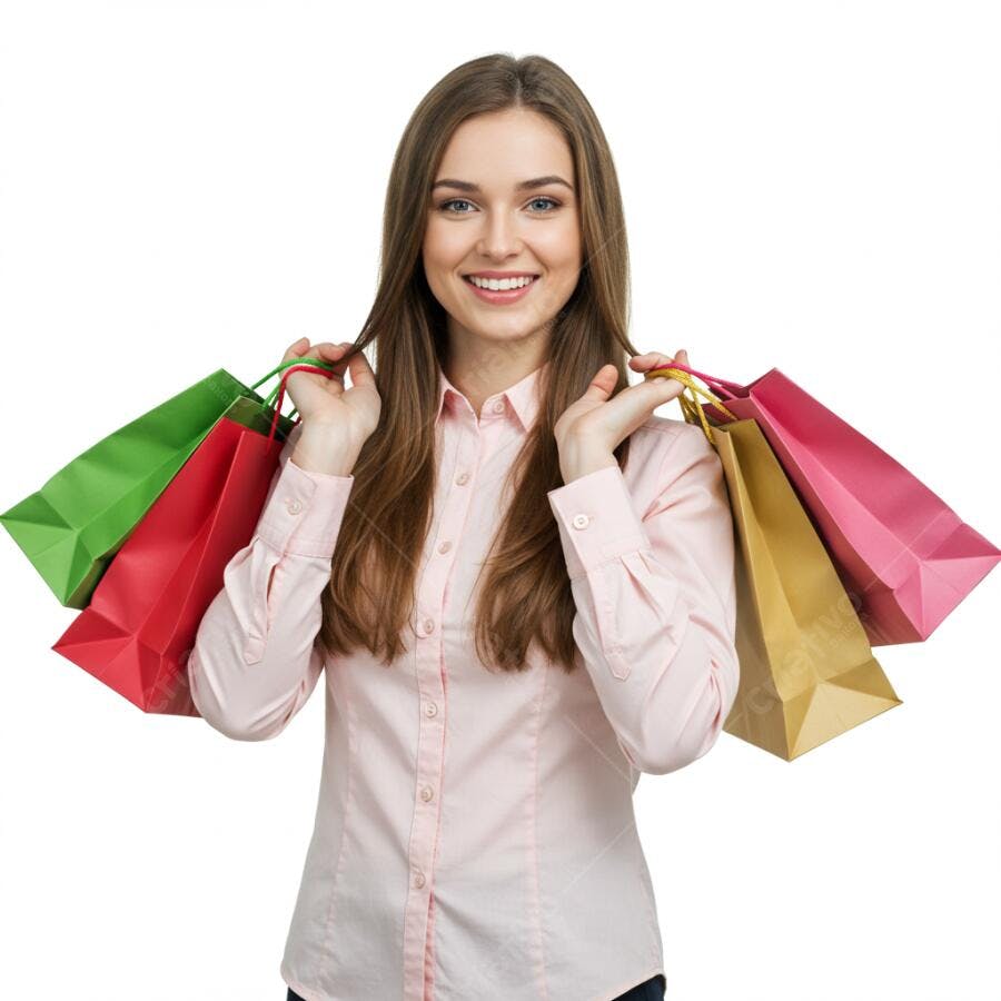 Mulher feliz com sacolas de compras coloridas