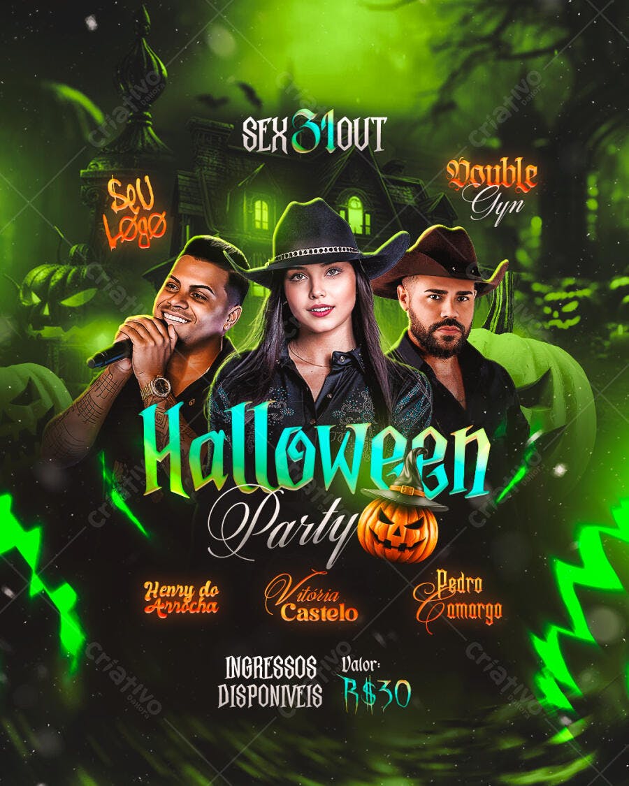 Flyer para Festa Halloween com Henry do Arrocha, Vitória Castelo e Pedro Camargo PSD Editável