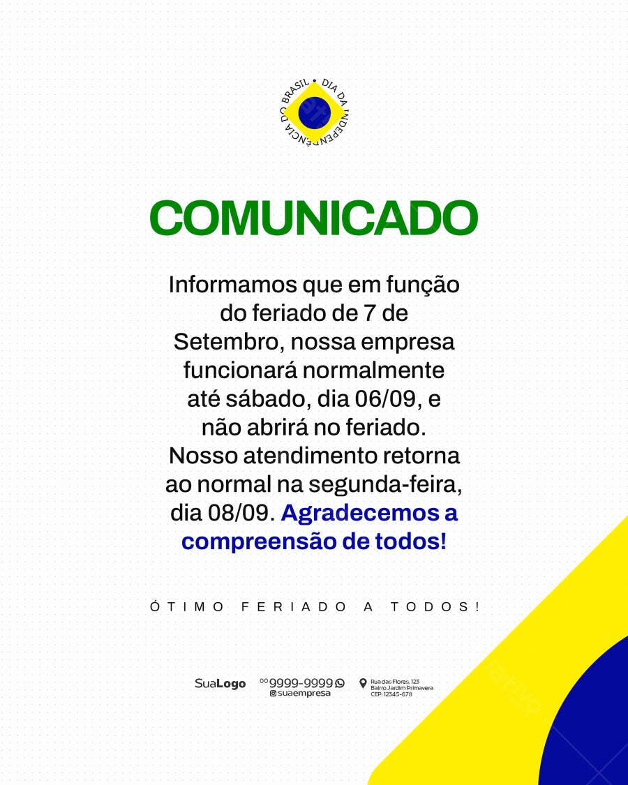 Comunicado Feriado 7 de Setembro PSD Editável