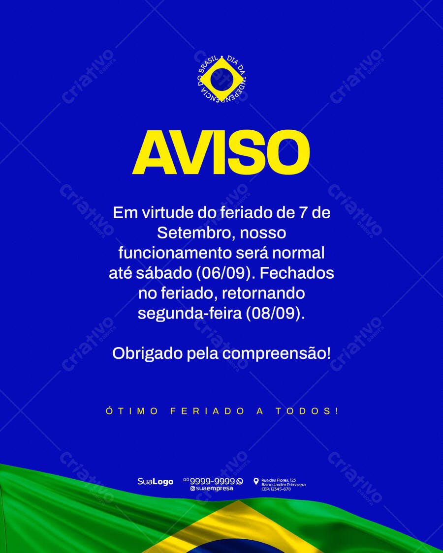 Aviso Feriado 7 de Setembro PSD Editável