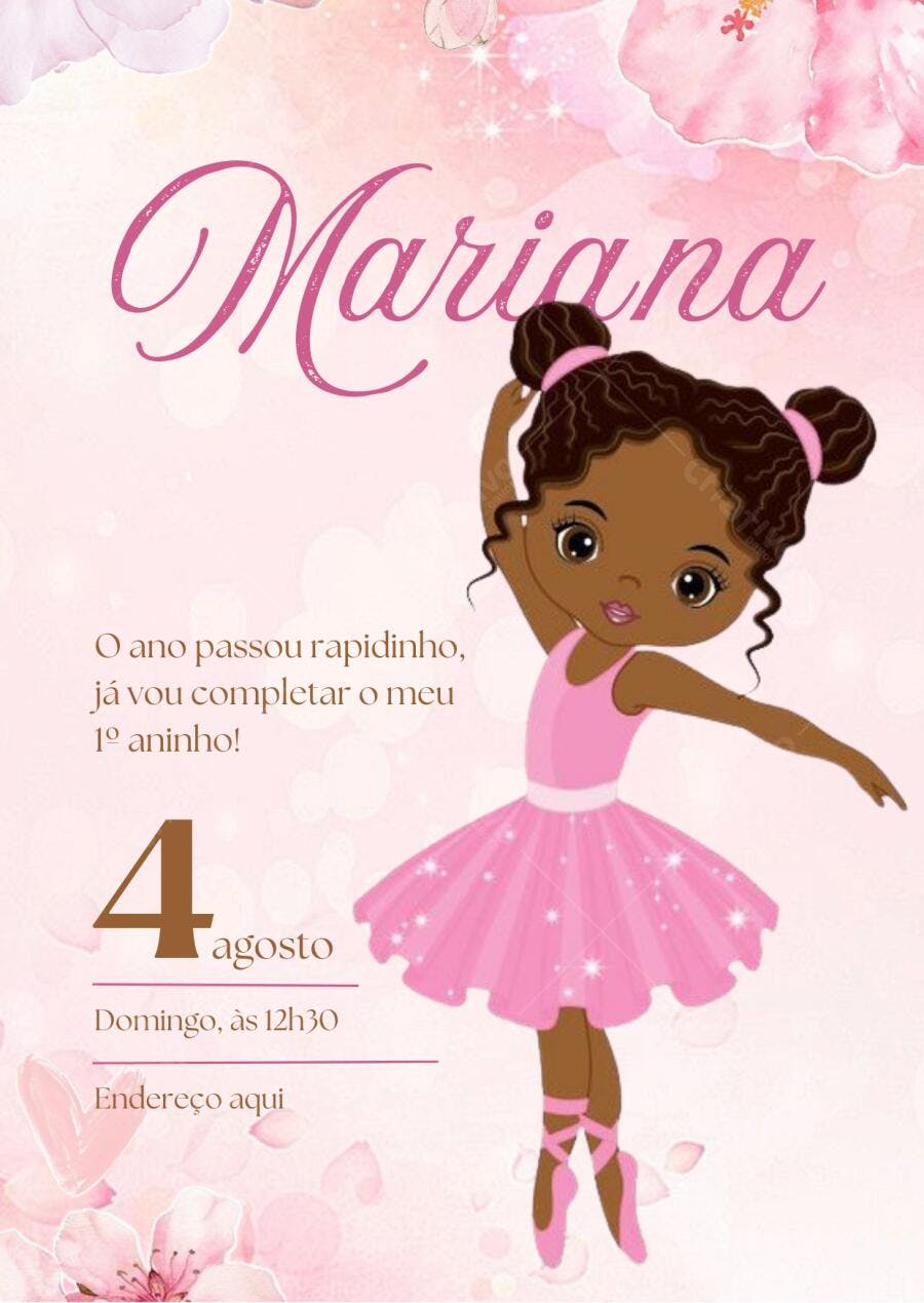 Convite de aniversário infantil bailarina tema rosa Editável no Canva