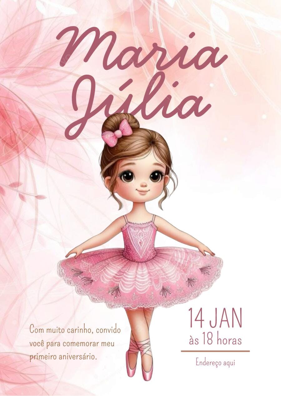 Convite de 1º Aniversário Bailarina Rosa Editável no Canva
