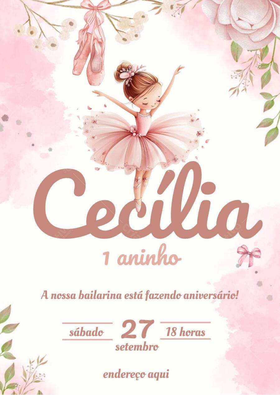 Convite de aniversário bailarina rosa e dourado Editável no Canva