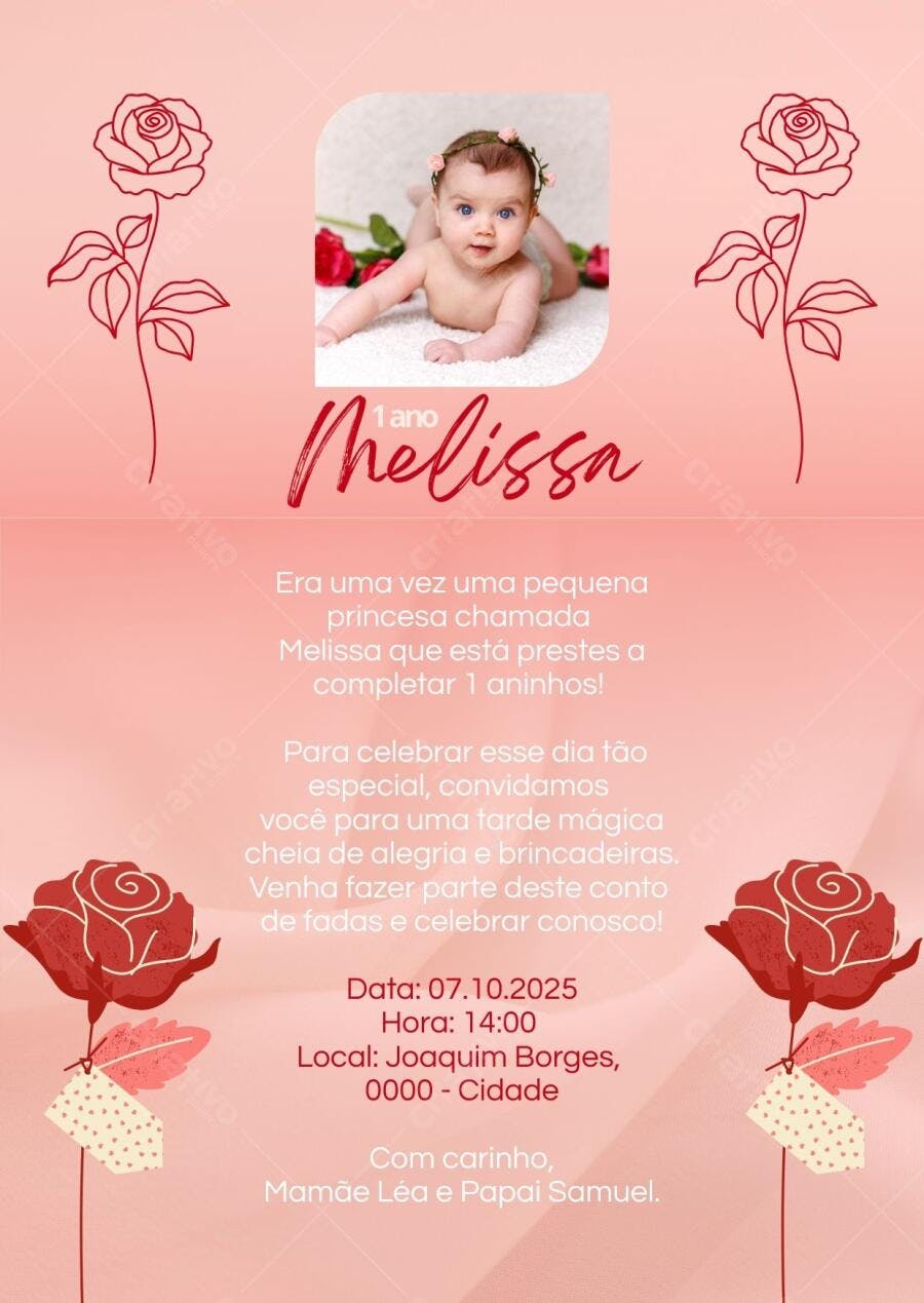 Convite Chá de Bebê Rosa e Vermelho com Rosas Editável no Canva