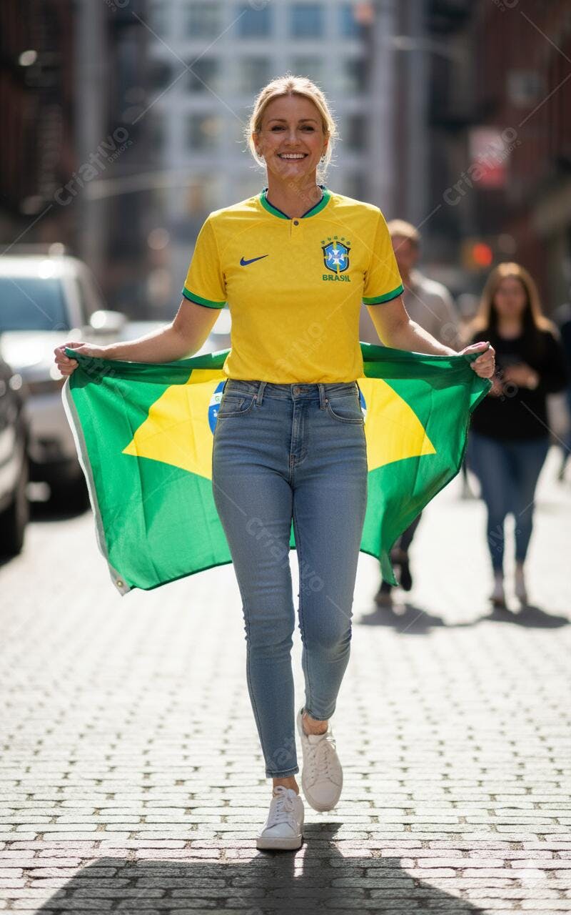 Mulher com camisa amarela do Brasil em rua