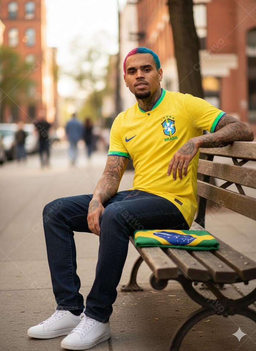 Chris Brown camisa Brasil banco rua