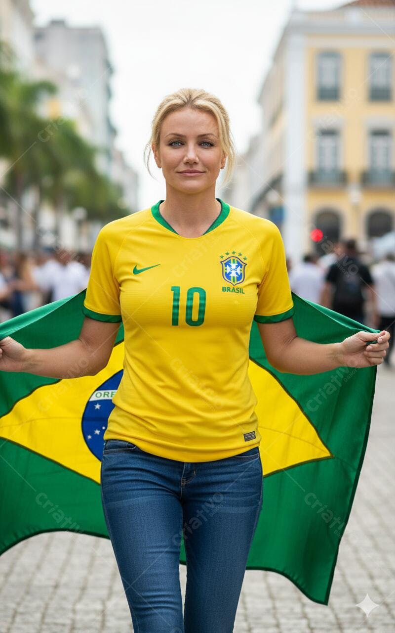 Mulher com camisa amarela da seleção brasileira