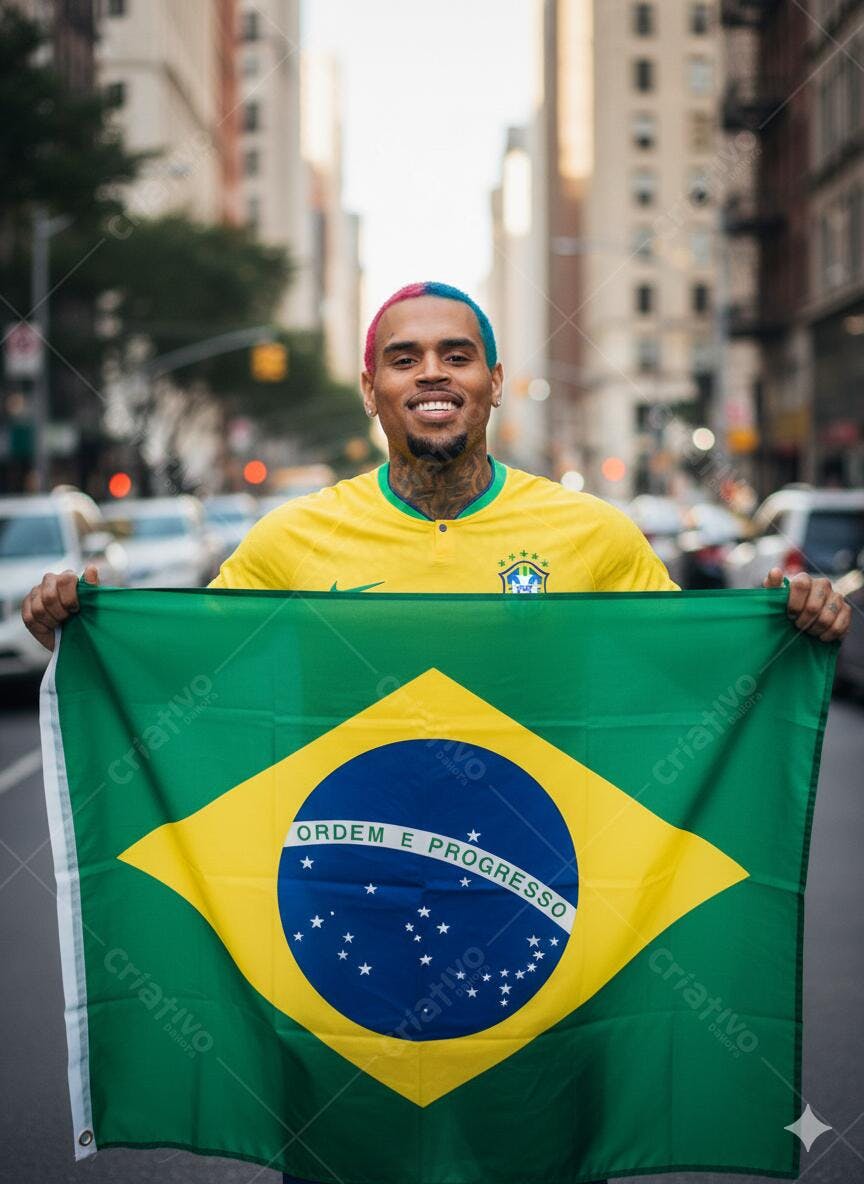 Chris Brown com bandeira brasileira em Nova York