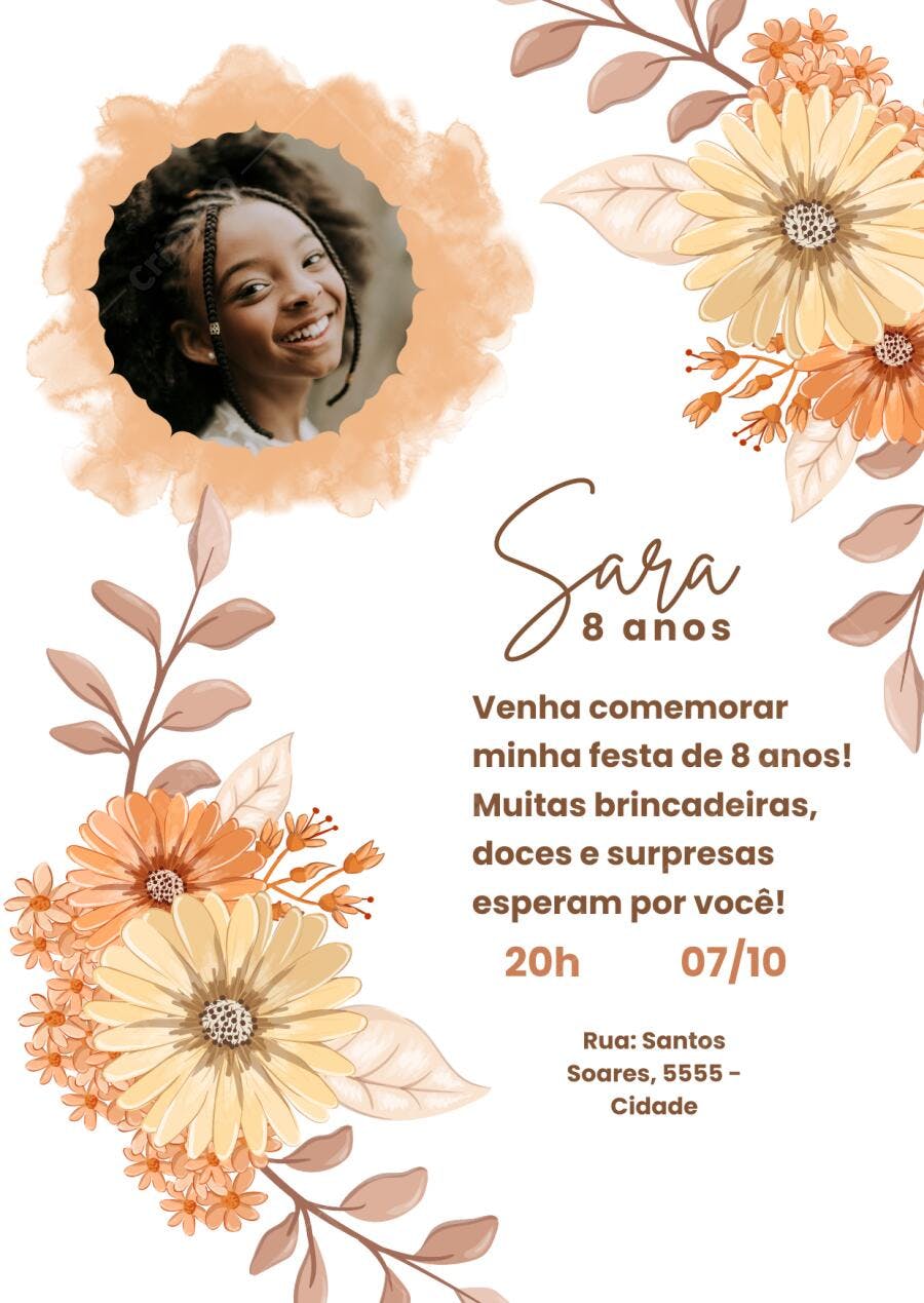 Convite de Aniversário Infantil 8 anos com Flores em tons de Bege e Laranja Editável no Canva