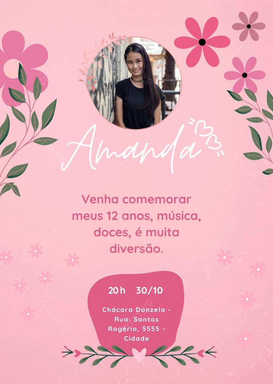 Convite Aniversário 12 Anos Flores Rosa Editável no Canva