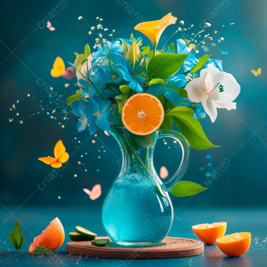 Flores e frutas em jarra azul turquesa