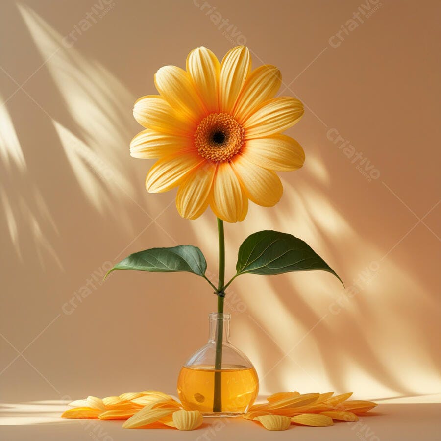 Gerbera amarela em vaso de vidro com pétalas espalhadas