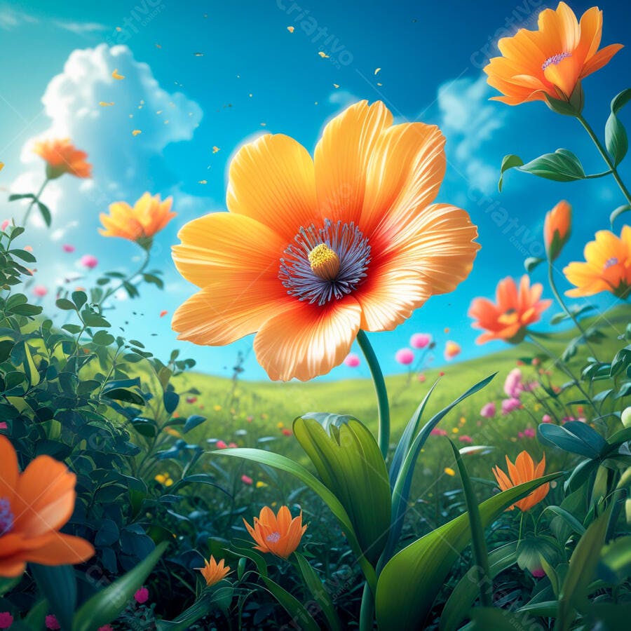 Flores Laranjas em Campo Ensolarado