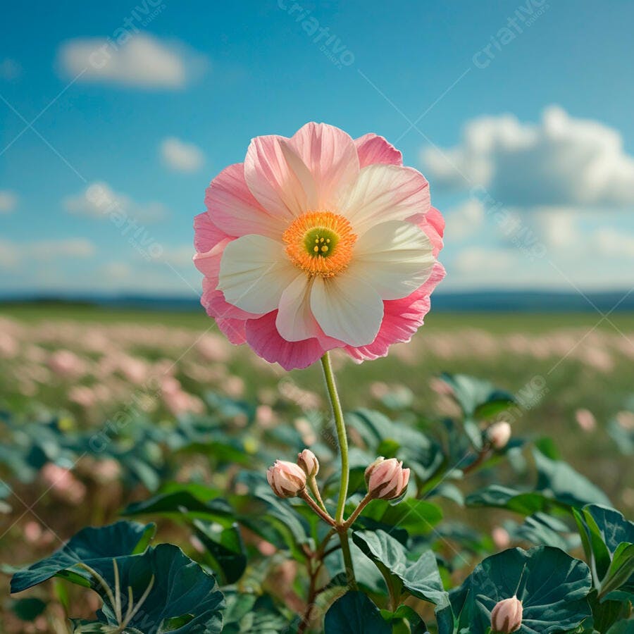 Flor rosa e branca em campo florido