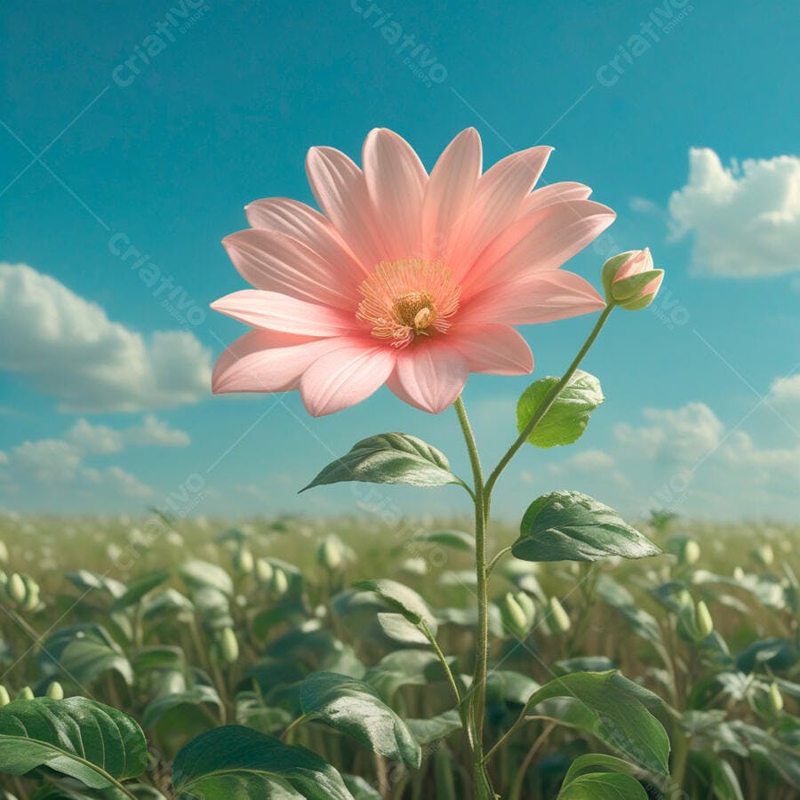 Flor rosa em campo sob céu azul