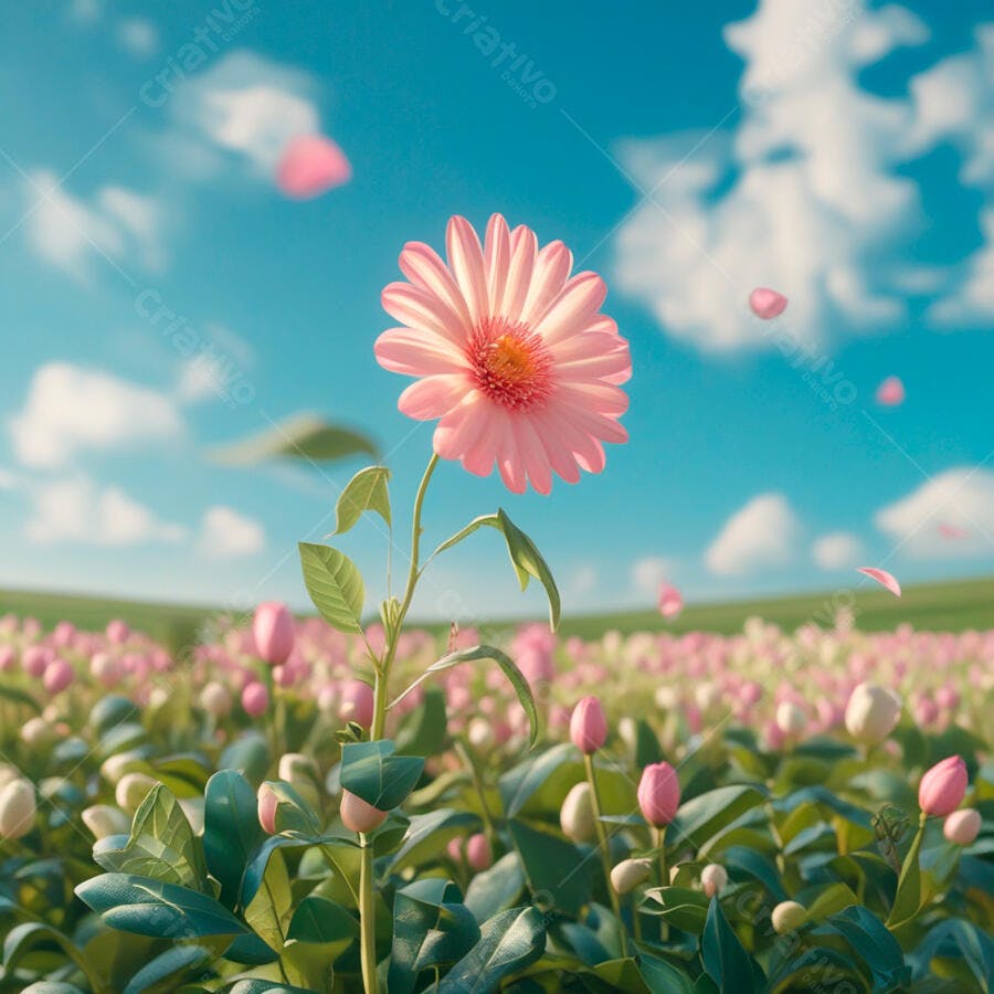 Gerbera rosa em campo florido sob céu azul