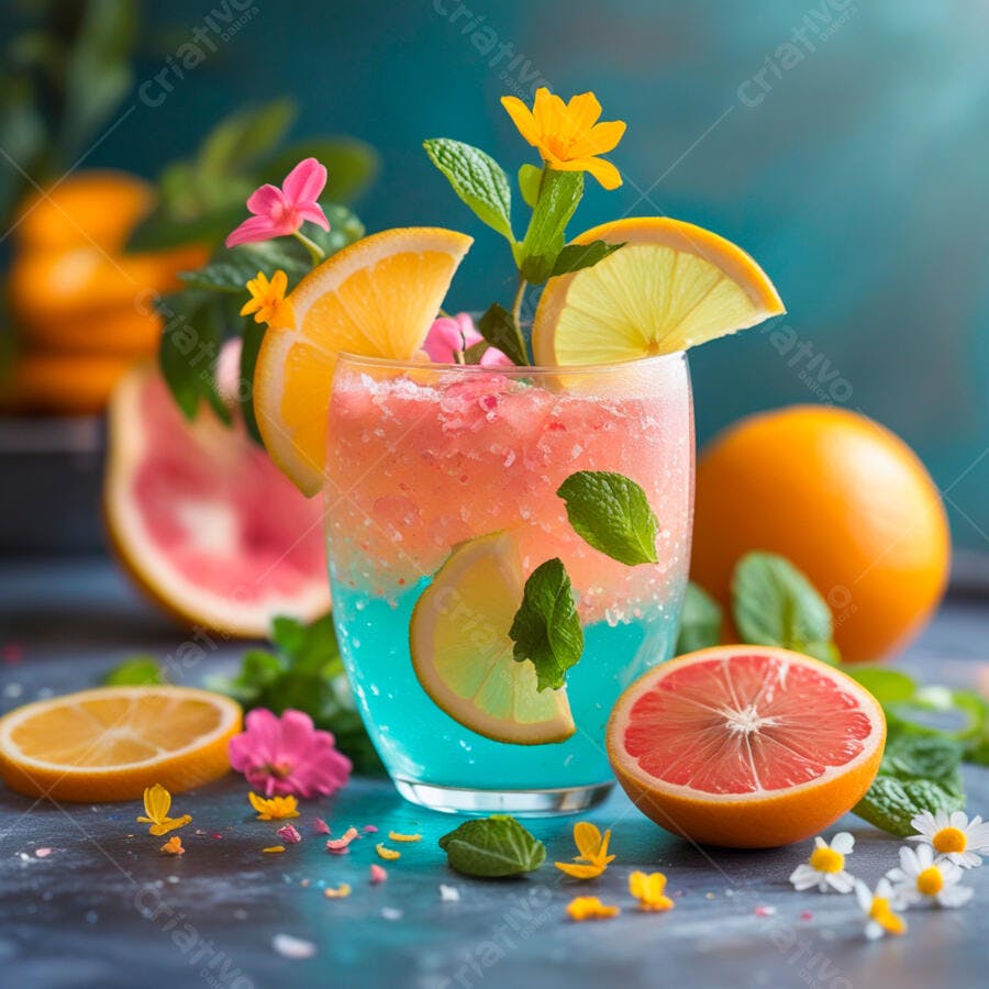 Bebida tropical colorida com frutas cítricas