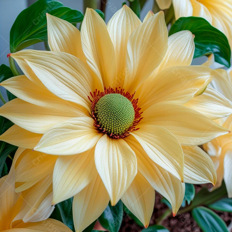 Flor amarela em close com centro verde