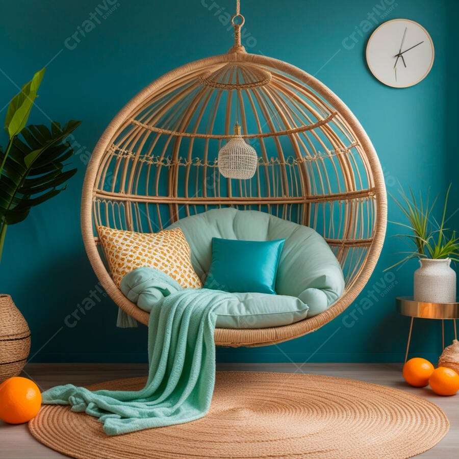 Poltrona de vime suspensa em ambiente teal