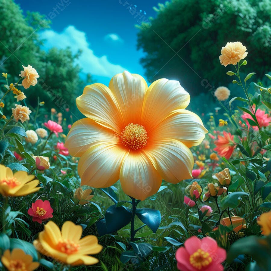 Flor amarela gigante em jardim florido