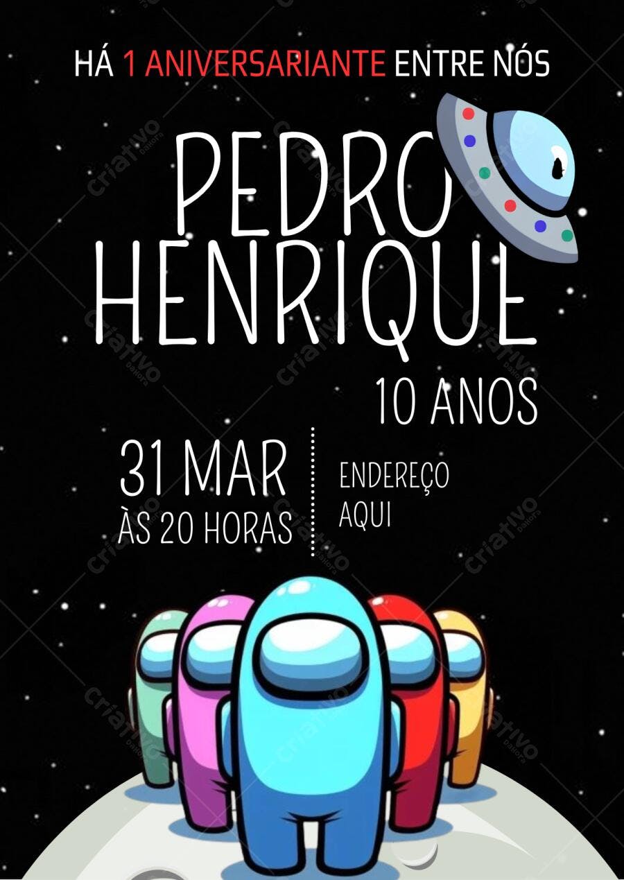 Convite de Aniversário Infantil Tema Among Us Editável no Canva