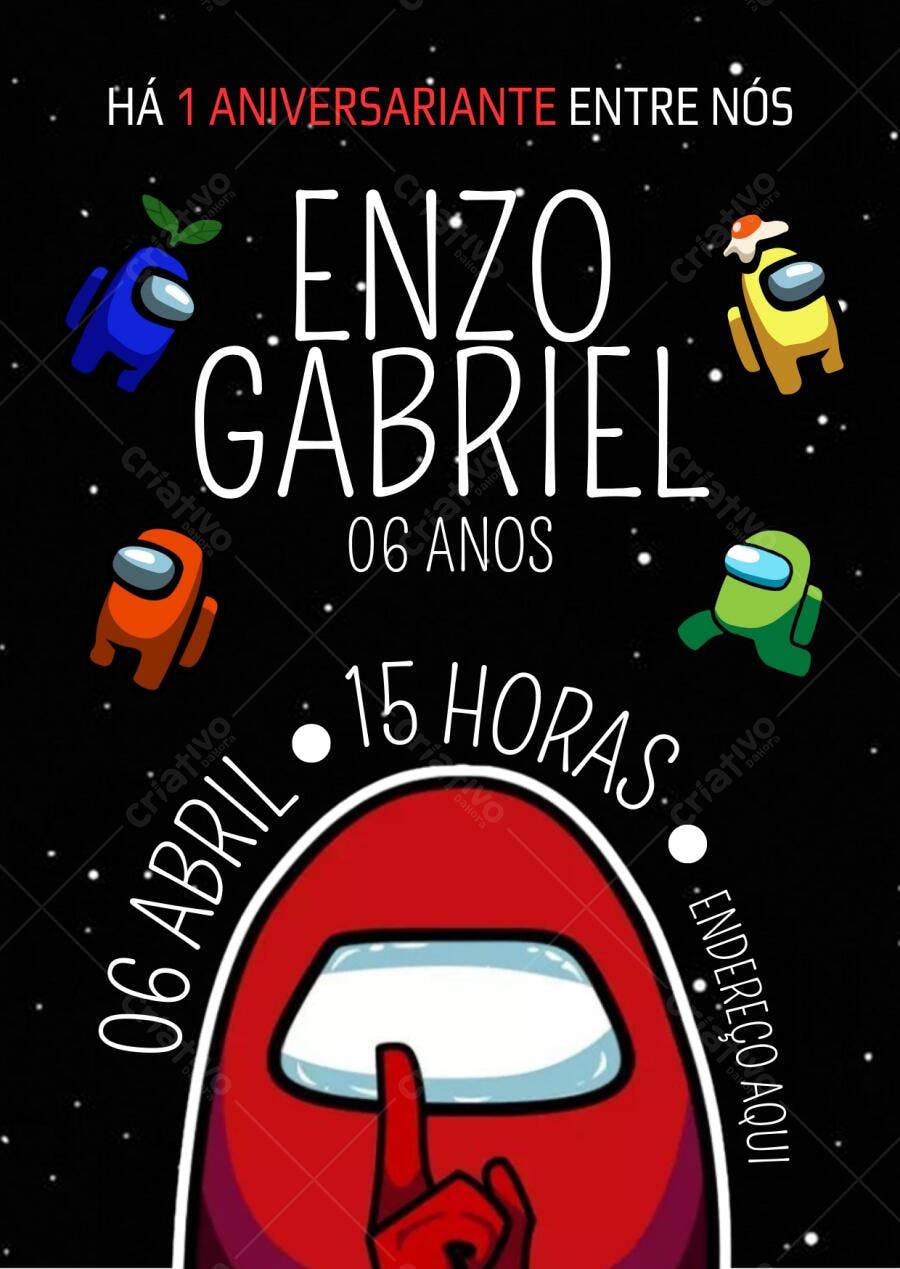 Convite de Aniversário Infantil Tema Among Us Editável no Canva