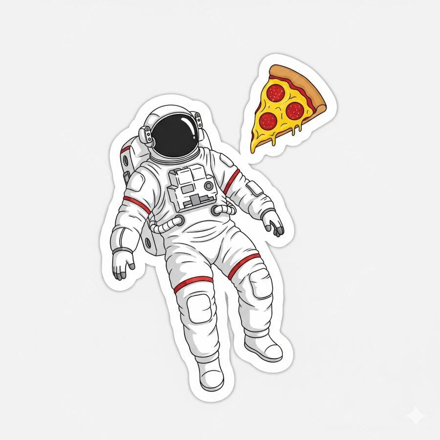 Astronauta flutuando com pizza de pepperoni