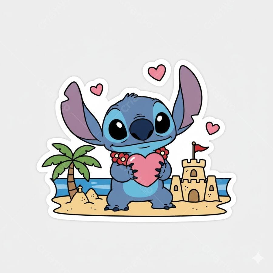 Stitch apaixonado na praia com coração